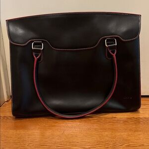 Lodis Black Leather Tote Bag With Red Edge Trim